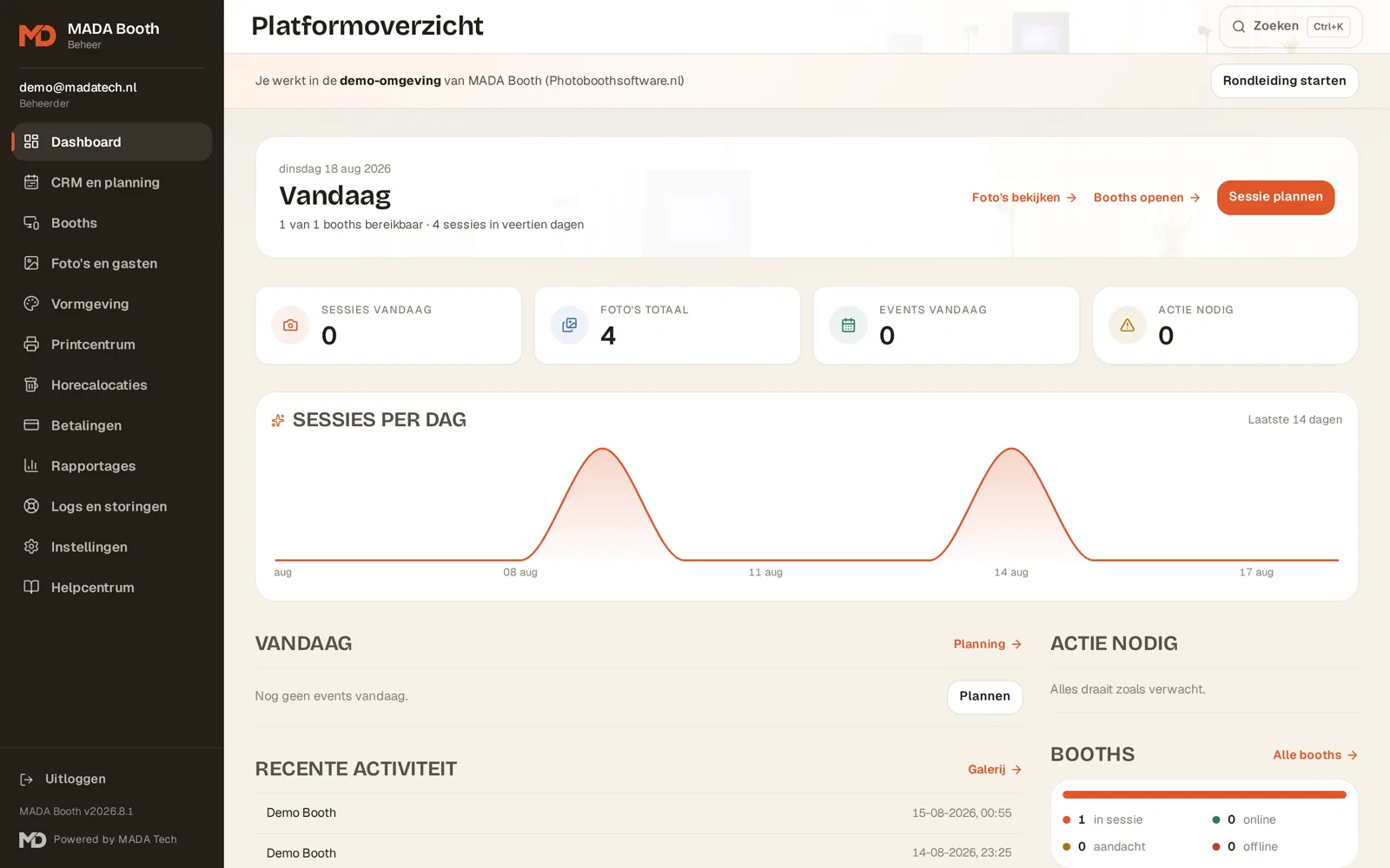Dashboard with sessions, revenue and booth status