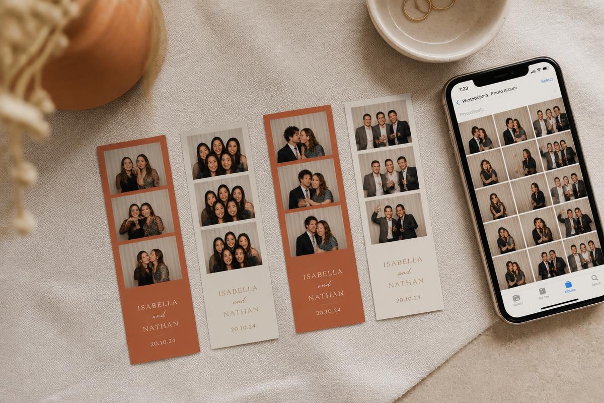 Photo strips and a phone showing the photo album