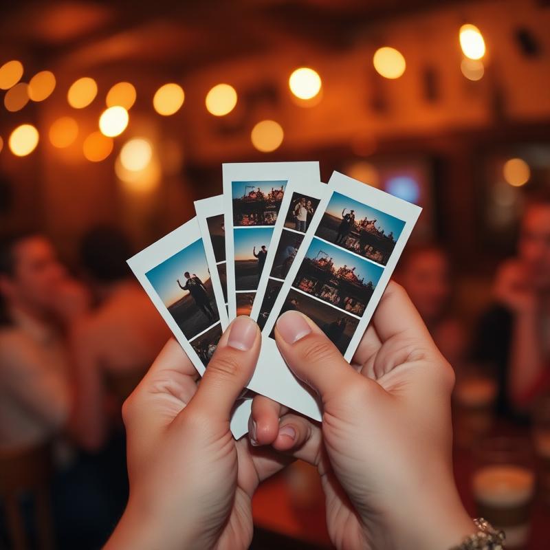 Guest holding freshly printed photo strips in a cozy cafe