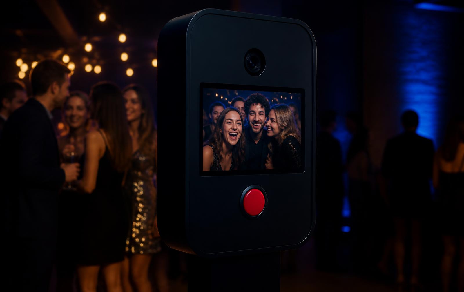 Photo booth with photo strip printer in use at an event