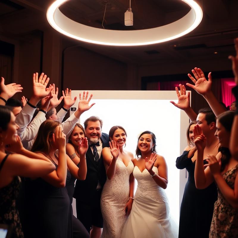 Wedding guests cheering in front of the photo booth